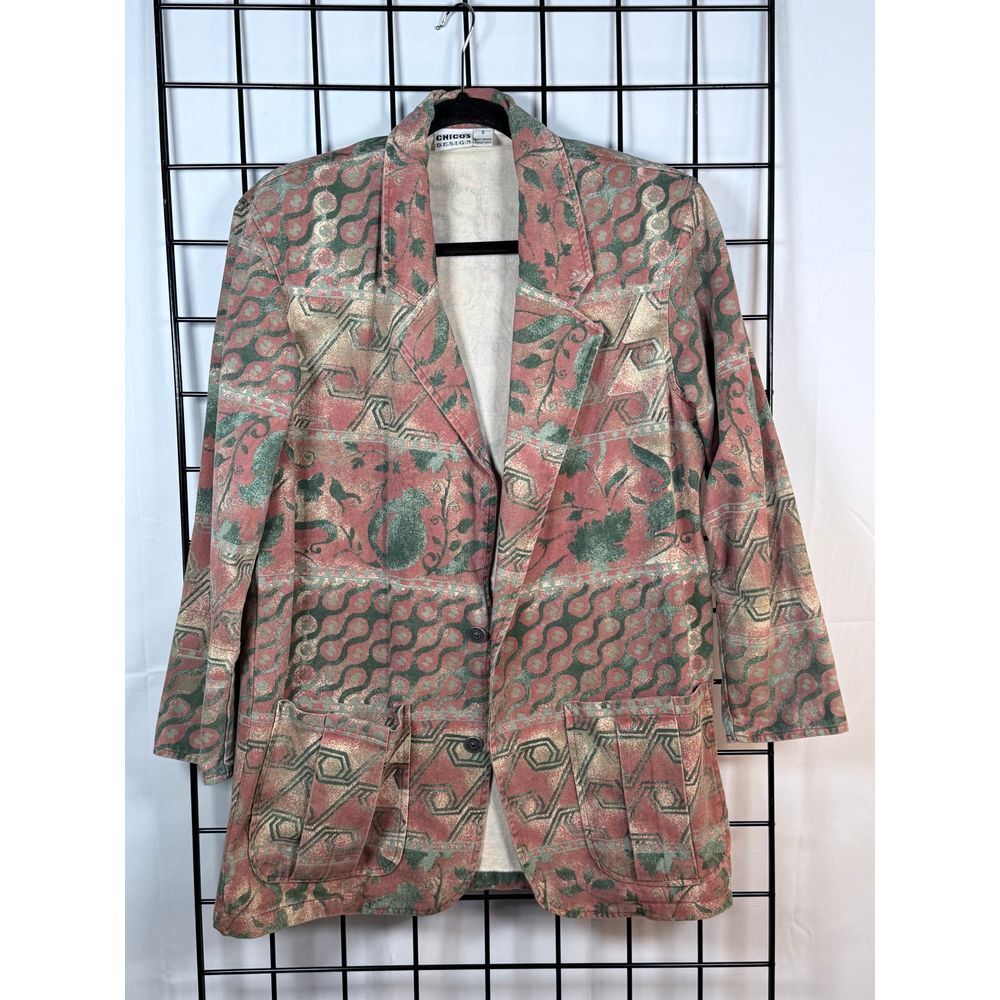 Vintage Chico's Jacket Womens 0 Small Multicolor Tribal Aztec‎ Cotton Blazer 90s